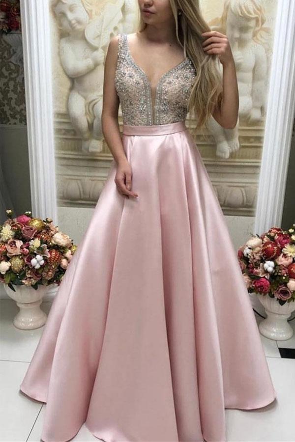 Sparkly Satin Pink Beaded Long Prom Dress with Open Back PSK130 - Pgmdress