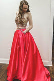 Sparkly Two Piece Beaded Satin Red High Neck Long Prom Dress PG866 