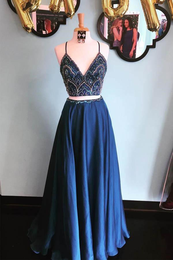 Sparkly Two Piece Sequins Navy Blue Long Prom/Evening Dress PM206 - Pgmdress