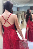 Sparkly V Neck A-Line Red Long Prom/Formal Dress with Split PSK185 - Pgmdress