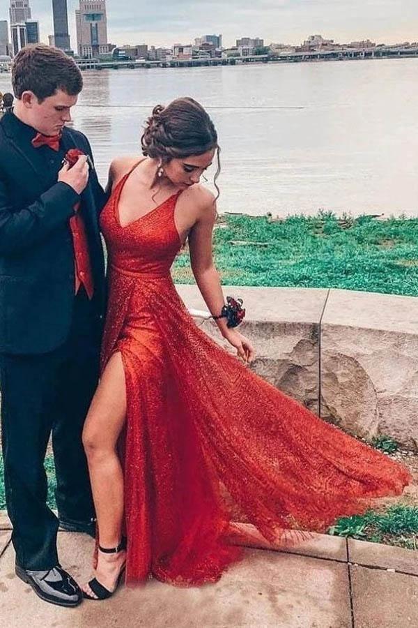 Sparkly V Neck A-Line Red Long Prom/Formal Dress with Split PSK185 - Pgmdress