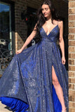 Sparkly V Neck Straps A-Line Long Prom Dress Evening Dress PSK220 - Pgmdress