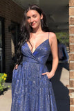 Sparkly V Neck Straps A-Line Long Prom Dress Evening Dress PSK220 - Pgmdress