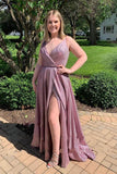 Sparkly V Neck Straps A-Line Long Prom Dress Evening Dress PSK220 - Pgmdress