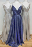 Sparkly V Neck Straps A-Line Long Prom Dress Evening Dress PSK220 - Pgmdress