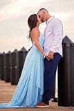 Split Sky Blue Rustic Wedding Dresses Beach Wedding Gown with Court Train WD289 - Pgmdress