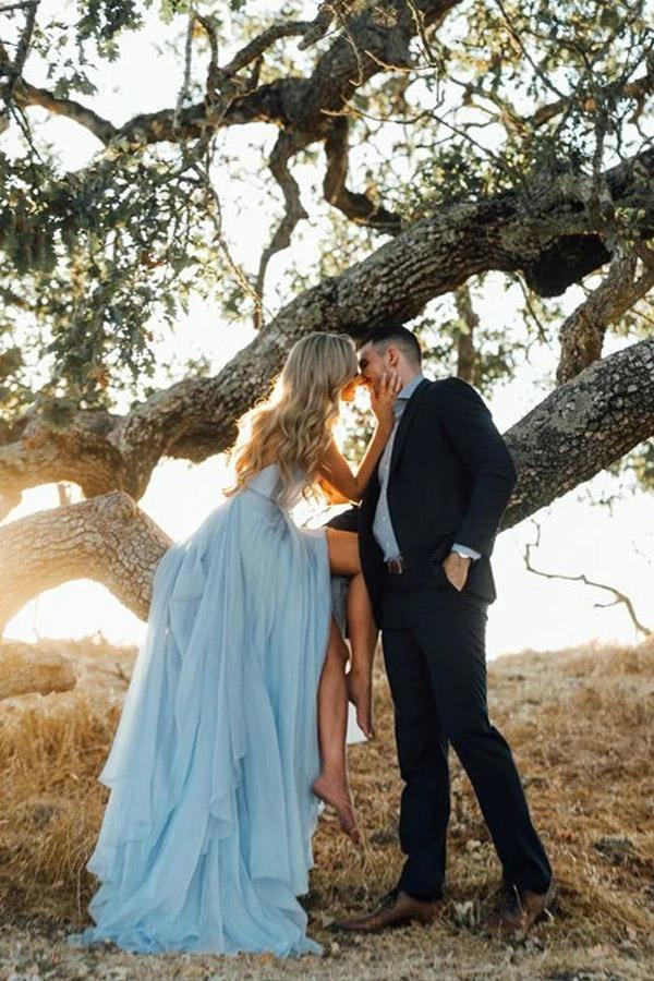 Split Sky Blue Rustic Wedding Dresses Beach Wedding Gown with Court Train WD289 - Pgmdress