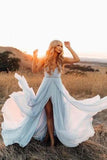 Split Sky Blue Rustic Wedding Dresses Beach Wedding Gown with Court Train WD289 - Pgmdress