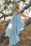 Robes de mariée rustiques bleu ciel fendues robe de mariée de plage avec train de cour WD289 