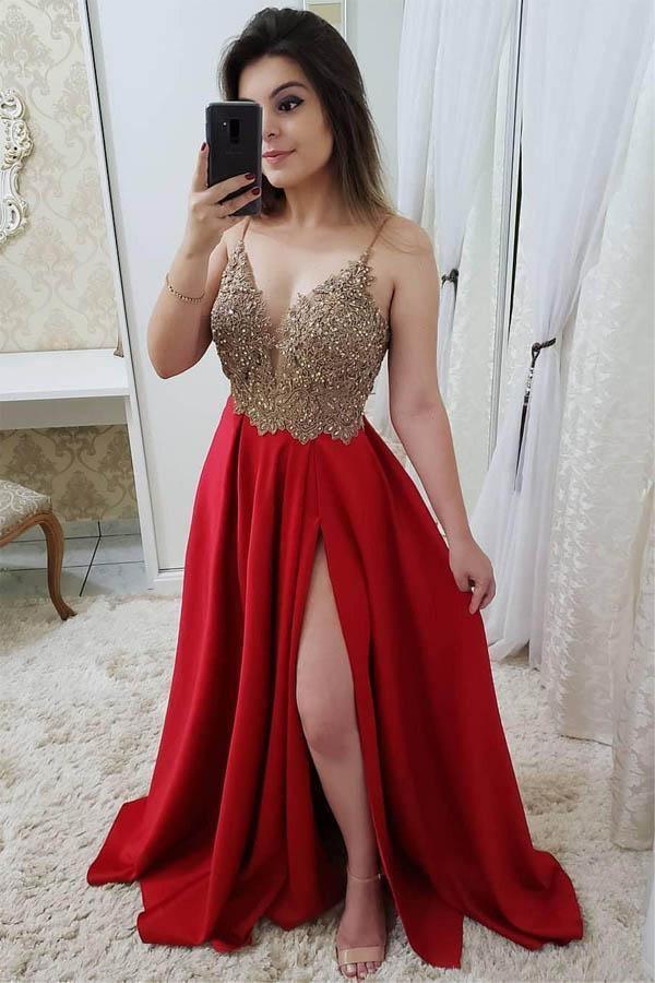 Strap A Line Maroon Long Beaded Prom Dresses with Split and Gold Lace PG871 - Pgmdress