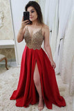 Strap A Line Maroon Long Beaded Prom Dresses with Split and Gold Lace PG871 - Pgmdress