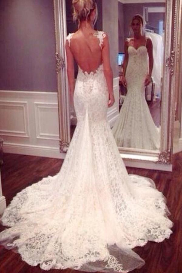 Strap Sweetheart Backless Mermaid Lace Wedding Dress Ball Gown WD026 - Pgmdress
