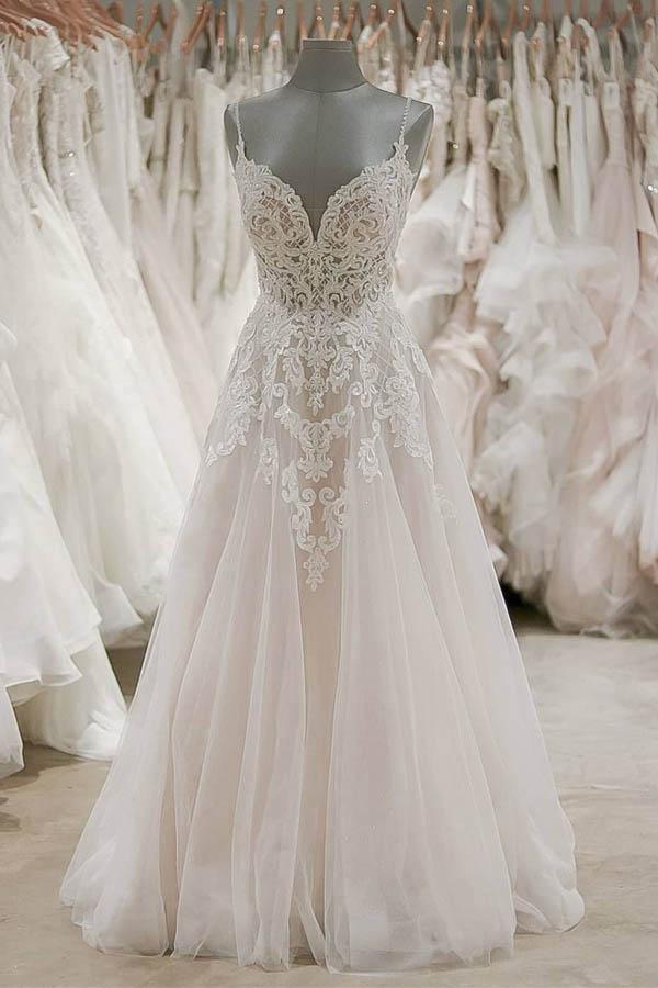 Strap V Neck Beach Wedding Dresses Backless Ivory Tulle Wedding Dress WD309 - Pgmdress