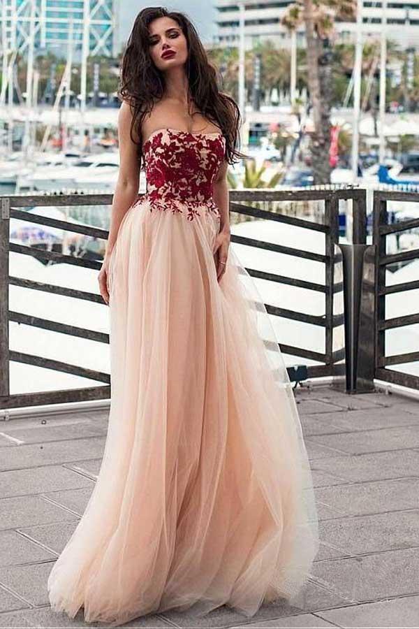 Strapless Blush Prom Dresses Lace Appliqued Tulle Formal Evening Dress PG775 - Pgmdress