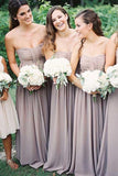 Trägerloses bodenlanges Brautjungfernkleid aus grauem Chiffon mit Rüschen BD029
