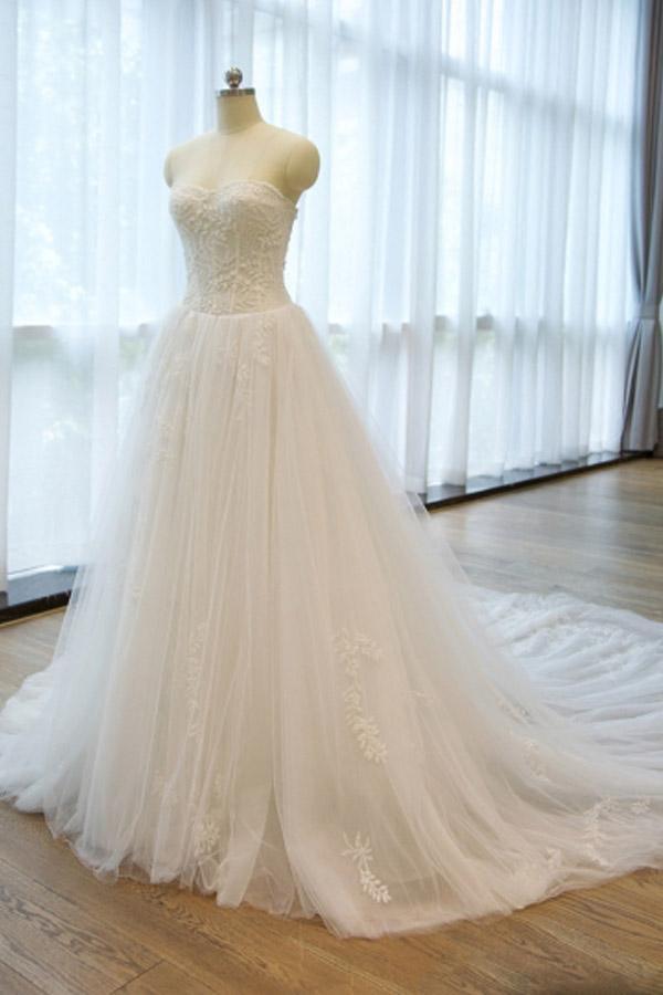 Strapless Lace Appliques A Line Chapel Train Wedding Dress With Beading WD168 - Pgmdress