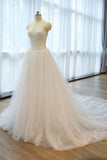 Trägerloses A-Linie-Hochzeitskleid mit Kapellenschleppe und Spitzenapplikationen mit Perlenstickerei WD168 