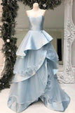 Strapless Light Blue Long Prom Dresses Multi-Layered Ruffle Prom Dresses PG808