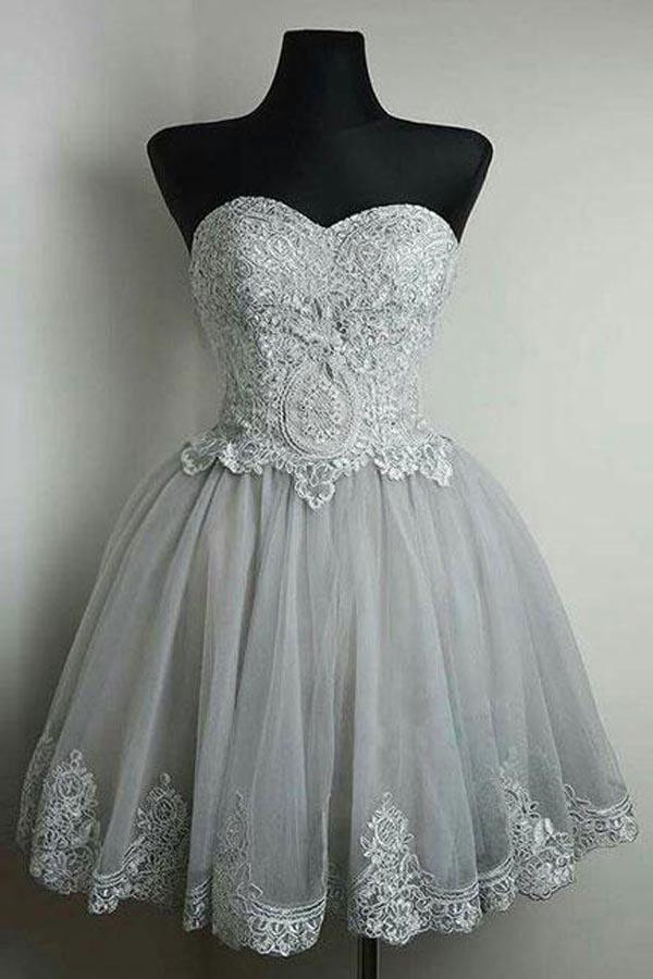 Strapless Sweetheart Neck Grey Homecoming Dresses Lace Appliqued PD169 - Pgmdress