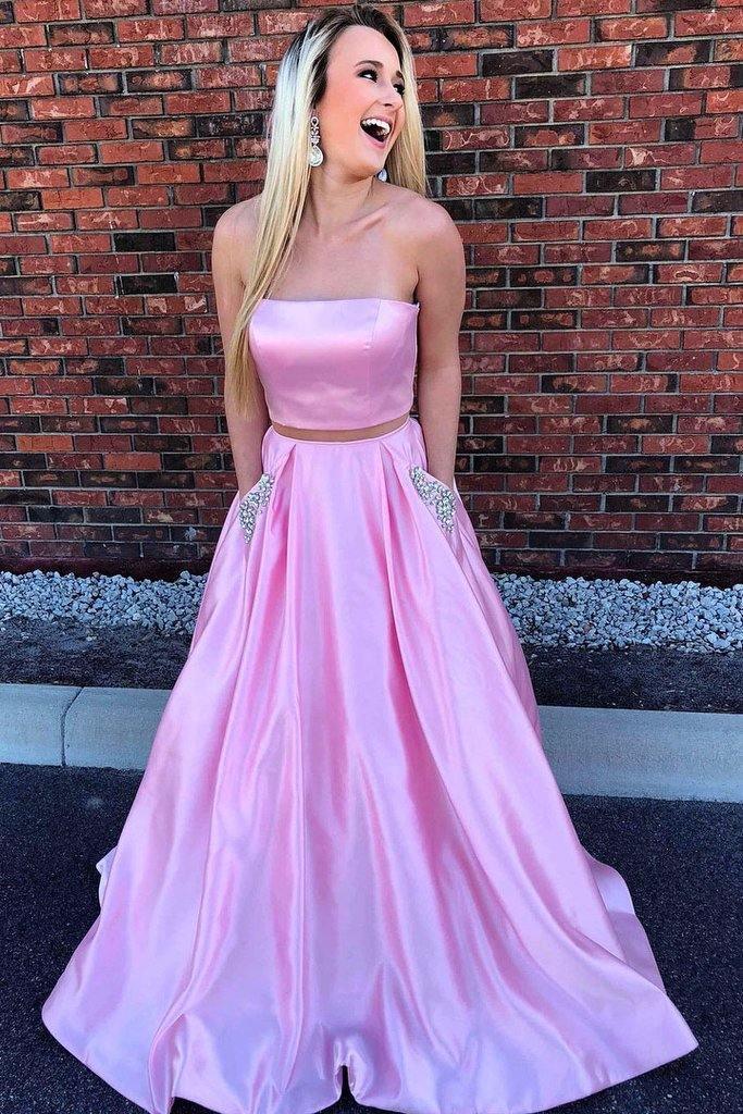 Strapless Two Piece Pink Long Beaded Prom Dress with Pockets PM236 - Pgmdress