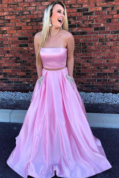 Strapless Two Piece Pink Long Beaded Prom Dress with Pockets US4 / Custom Color Strapless Two Piece Pink Long Beaded Prom Dress with Pockets US4 / Custom Color