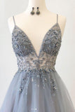 Straps A-Line Beading Rose Split Tulle Prom Dress with Crystal PSK006 - Pgmdress