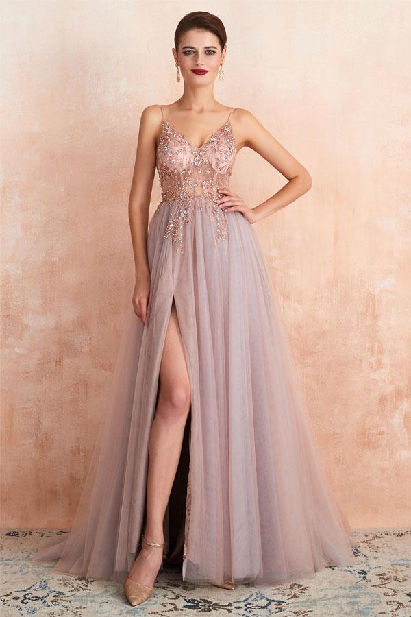 Straps A-Line Beading Rose Split Tulle Prom Dress with Crystal PSK006 - Pgmdress