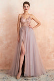 Straps A-Line Beading Rose Split Tulle Prom Dress with Crystal   PSK006