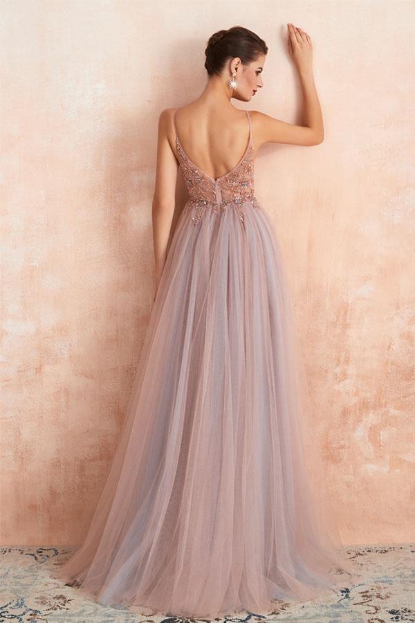 Straps A-Line Beading Rose Split Tulle Prom Dress with Crystal PSK006 - Pgmdress