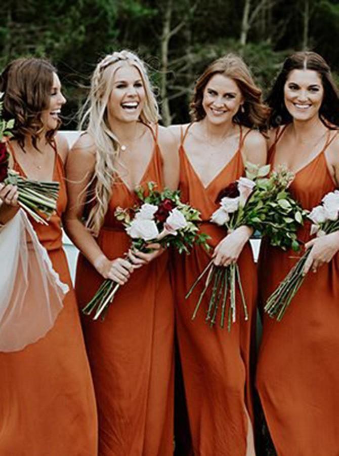 Straps A-Line V-Neck Orange Chiffon Bridesmaid Dress with Split BD064 - Pgmdress