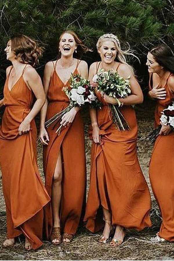 Straps A-Line V-Neck Orange Chiffon Bridesmaid Dress with Split BD064 - Pgmdress