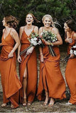 Straps A-Line V-Neck Orange Chiffon Bridesmaid Dress with Split BD064