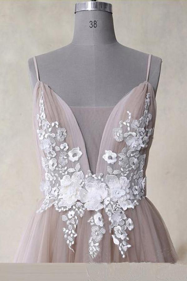 Straps Appliques Tulle A Line V Neck Long Prom Dress Dusty Rose PSK058 - Pgmdress