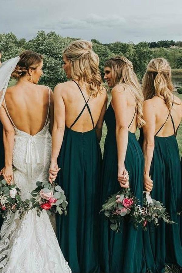 Straps Dark Green Long Bridesmaid Dress with Criss Cross Back BD076 - Pgmdress