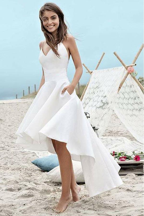 Straps High Low Ivory Satin Sleeveless Backless Prom Dress PG-446 - Pgmdress