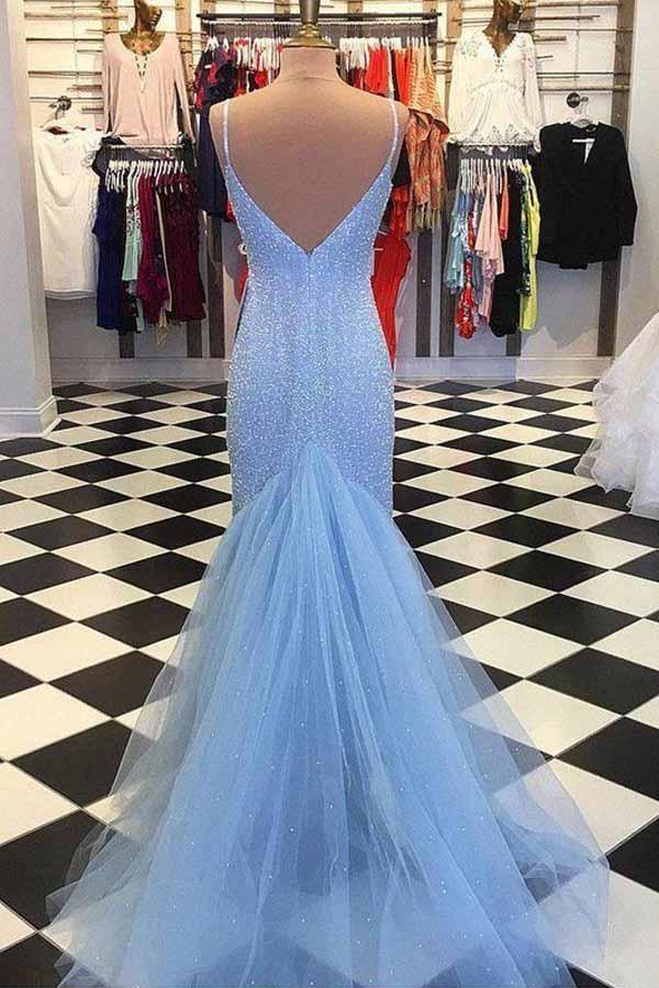 Dark Blue And Champagne Tulle V-neck Backless Beading Prom Dress - Na  Dhukan - Pure Desi Market