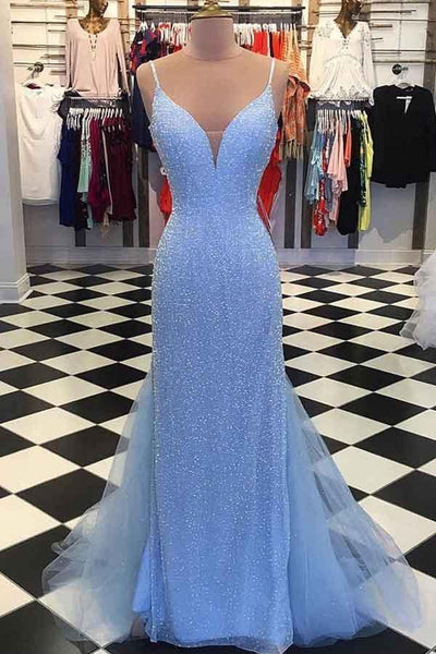 light blue formal dress near me Light Blue Tulle A-line V-neck Spaghetti Straps Beaded Long Prom Dresses,  MP658 main image 1