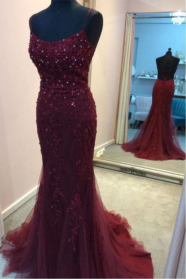 Straps Mermaid Burgundy Beaded Long Prom Dress Evening Dress PSK191 - Pgmdress