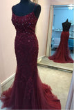 Straps Mermaid Burgundy Beaded Long Prom Dress Evening Dress PSK191 - Pgmdress
