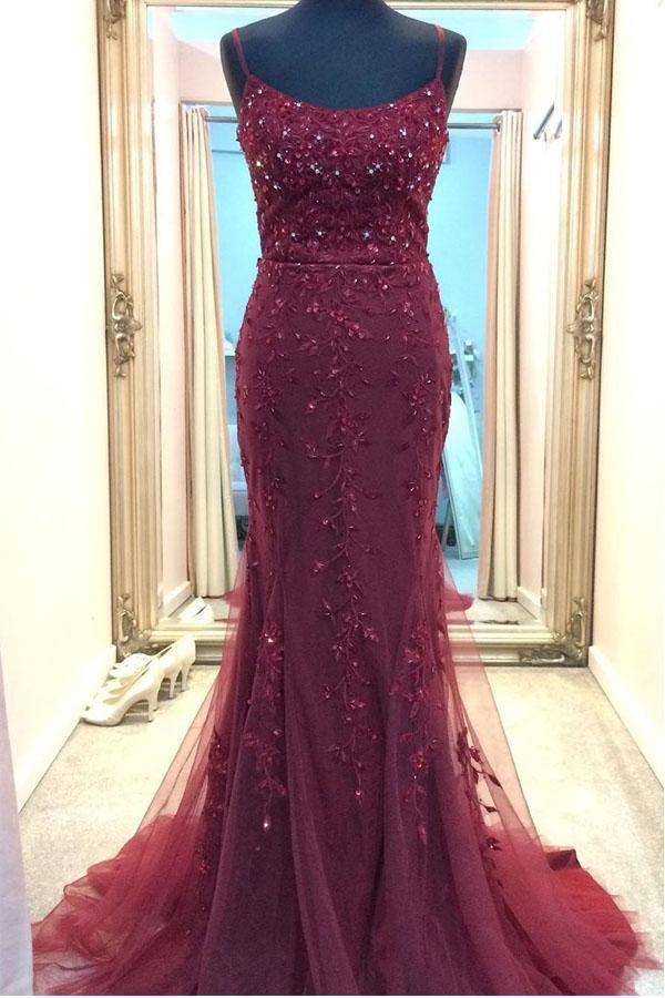 Straps Mermaid Burgundy Long Prom Dress Evening Dress PSK191 US12 / Custom Color Straps Mermaid Burgundy Long Prom Dress Evening Dress PSK191 US12 / Custom Color