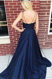 Straps Navy Blue Satin Long Prom Dress Evening Dress with Side Split PG711 - Pgmdress