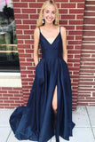 Straps Navy Blue Satin Long Prom Dress Evening Dress with Side Split PG711 - Pgmdress
