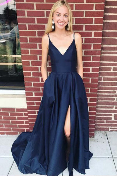 navy blue slit dress A-line Navy Blue Chiffon Split Long Prom Dress with Beading PG826 US14 / Custom Color