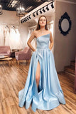 Straps Satin Light Blue Slit A Line Simple Prom Dresses With Pocktets PSK050