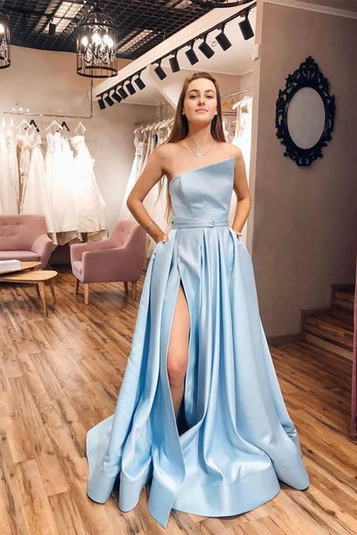 satin light blue prom dress Straps Slit Simple With Pocktets PSK050 US18 / Champagne Sky Blue Donna Karan New York color:veloria-dress-chiffn-paintd-stripe-pink swatch:https://www.motelrocks.com/cdn/shop/files/VELORIA-DRESS-PAINTED-STRIPE-PINK-ECO-PRINTED-CHIFFON_0543-3-copyD.jpg?v=1746415948&width=100 Color:Polkadot