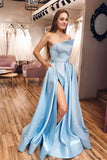 Straps Satin Light Blue Slit A Line Simple Prom Dresses With Pocktets PSK050 - Pgmdress