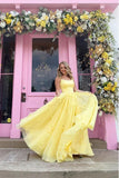 Straps Tulle Bodice 3D Flowers With Back Lace Up Yellow Long Prom Dress PSK198 - Pgmdress
