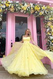 Straps Tulle Bodice 3D Flowers With Back Lace Up Yellow Long Prom Dress PSK198