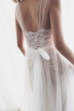 Straps Tulle White Lace Beach Wedding DressesWith Little Court Train  WD086