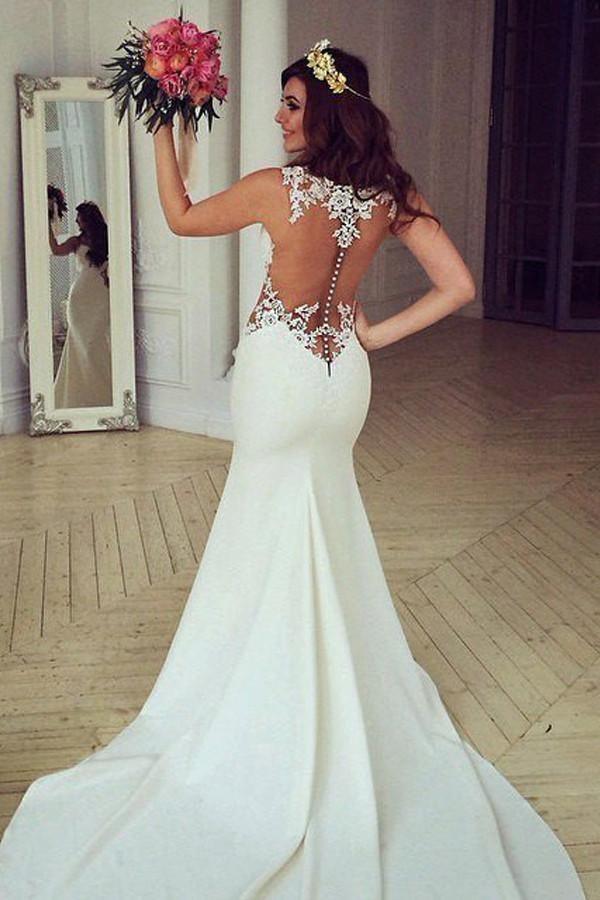 Stunning Mermaid Sleeveless Lace Wedding Dress Zipper Button – Pgmdress